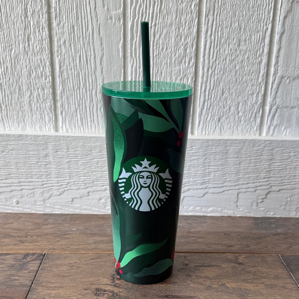 Starbucks Dark Green Christmas Holiday Mistletoe Holly Tumbler with Straw 24 oz